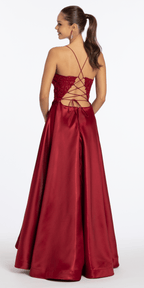 Embroidered Lace Plunge Satin Corset Ballgown with Pockets