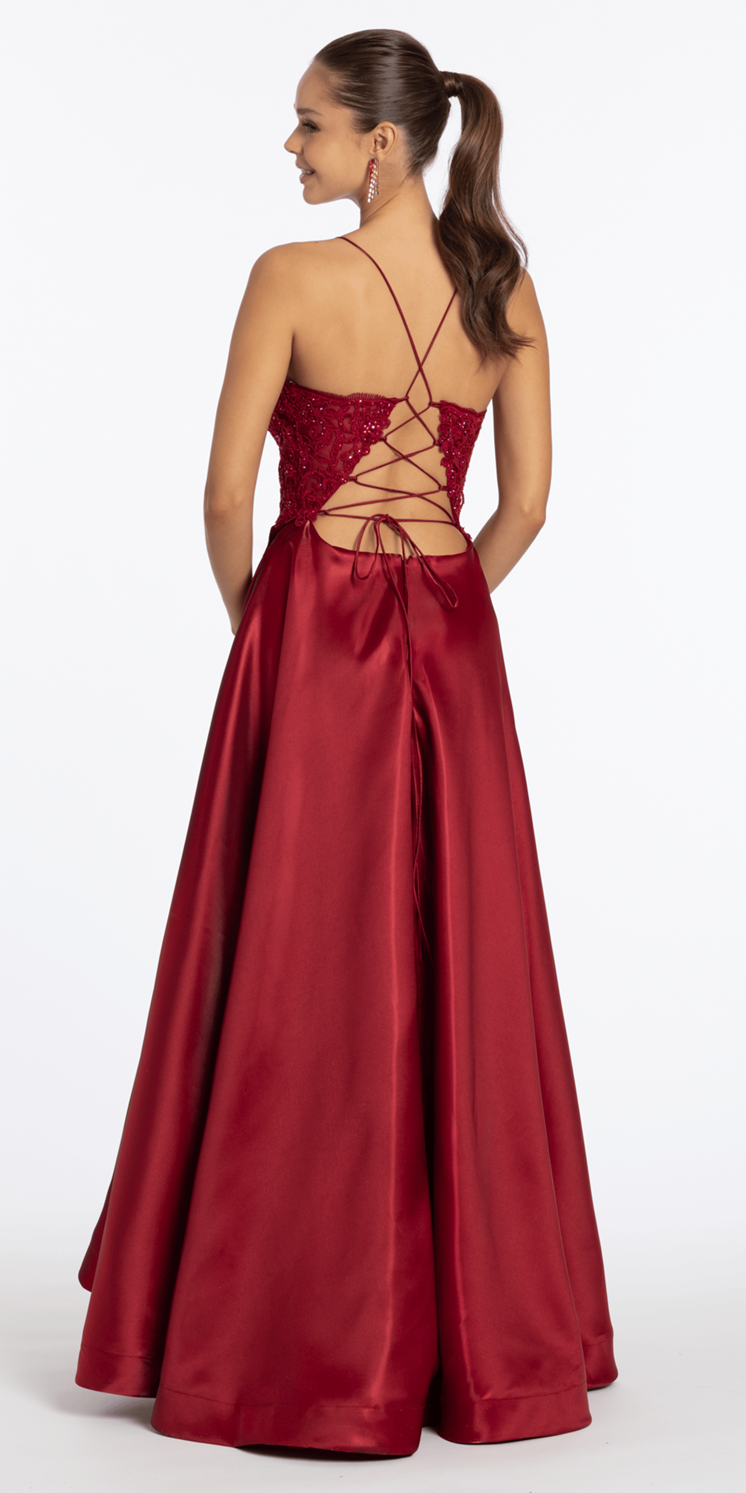 Embroidered Lace Plunge Satin Corset Ballgown with Pockets