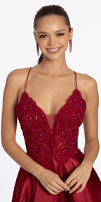 Embroidered Lace Plunge Satin Corset Ballgown with Pockets