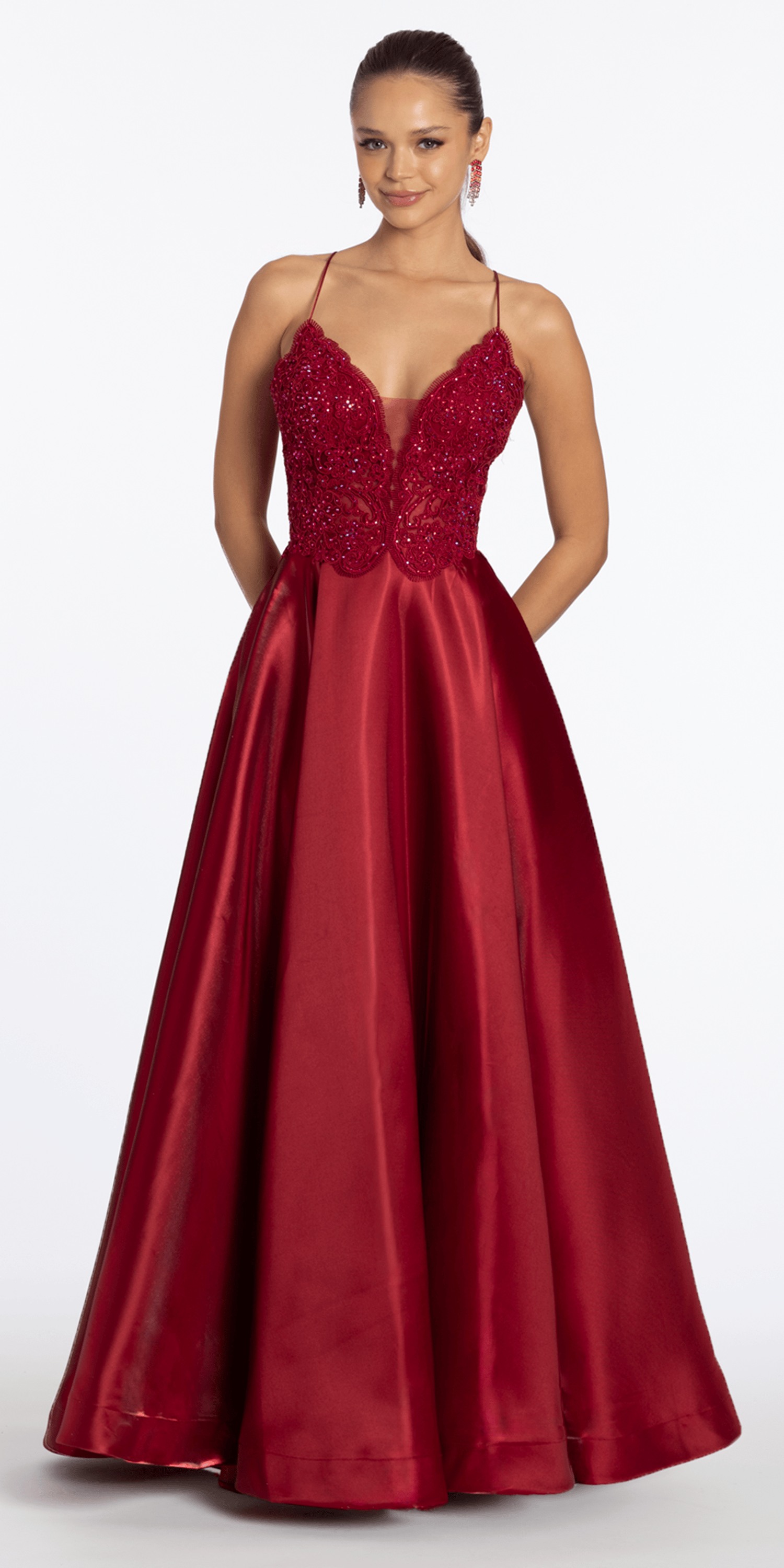 Embroidered Lace Plunge Satin Corset Ballgown with Pockets