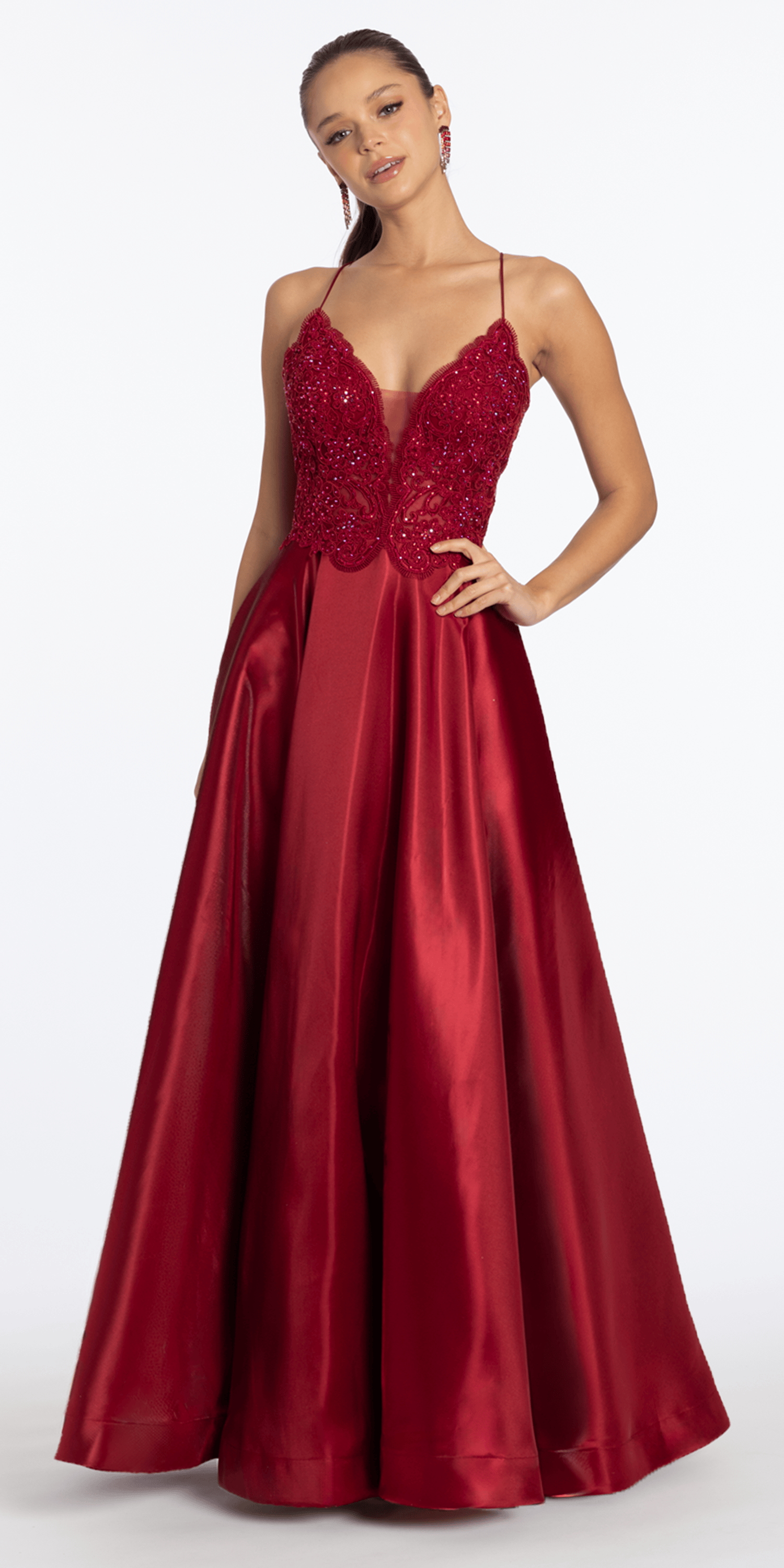 Embroidered Lace Plunge Satin Corset Ballgown with Pockets