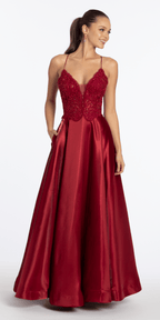 Embroidered Lace Plunge Satin Corset Ballgown with Pockets