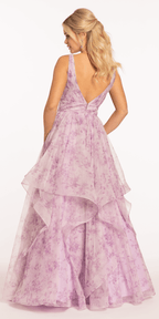 Floral Pleated Plunging Mesh Tiered Ballgown