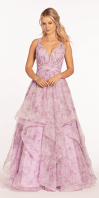 Floral Pleated Plunging Mesh Tiered Ballgown