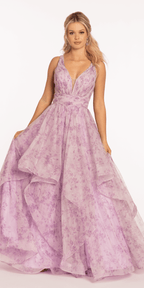 Floral Pleated Plunging Mesh Tiered Ballgown