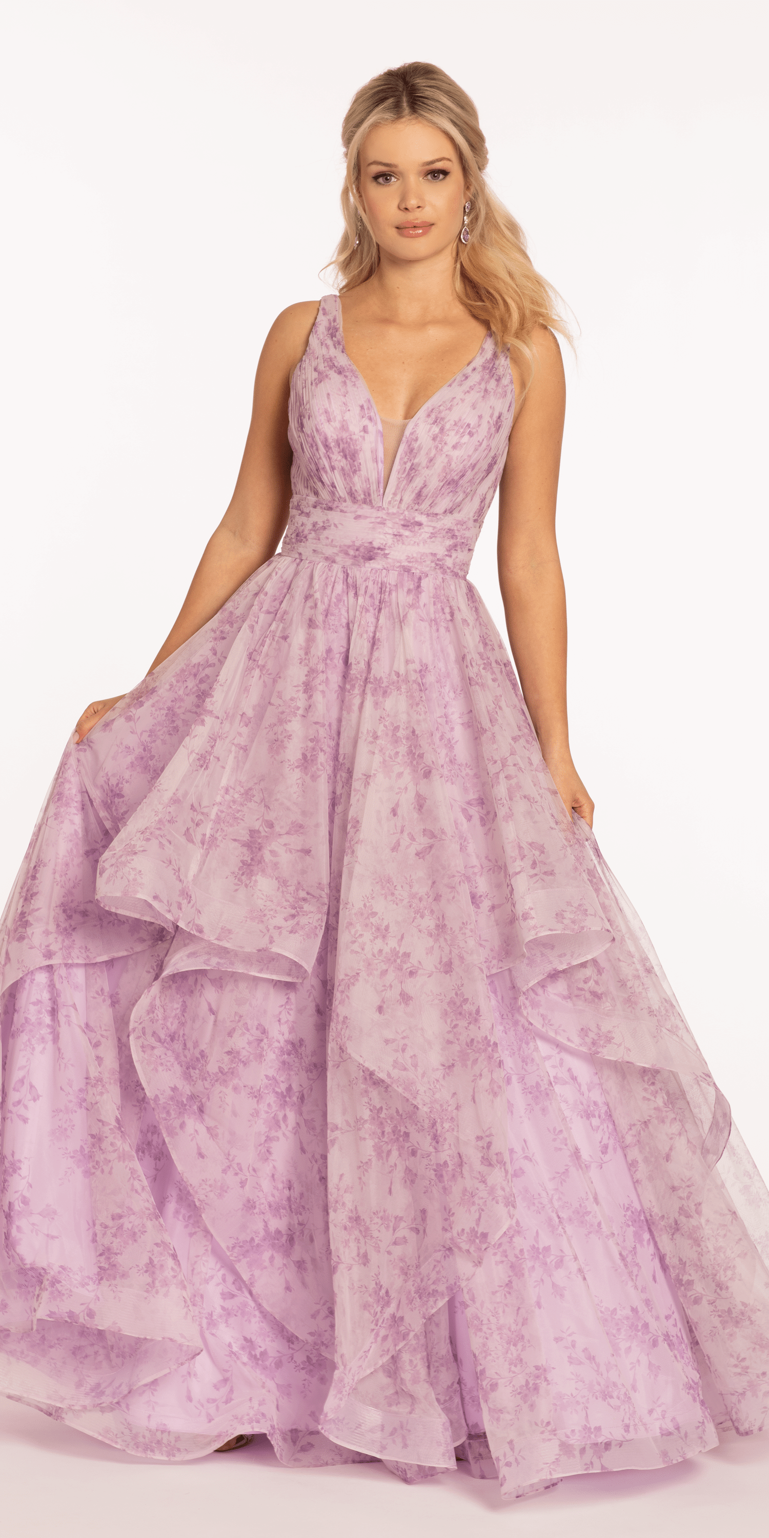 Floral Pleated Plunging Mesh Tiered Ballgown