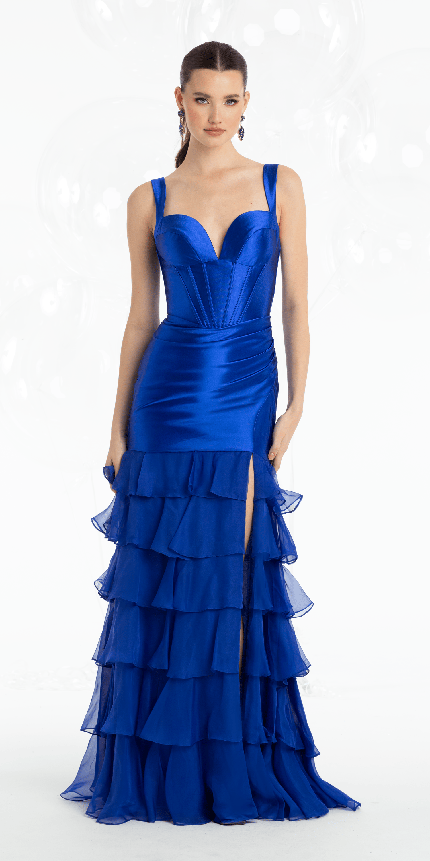 Satin Plunge Corset Mermaid Dress with Chiffon Tiers