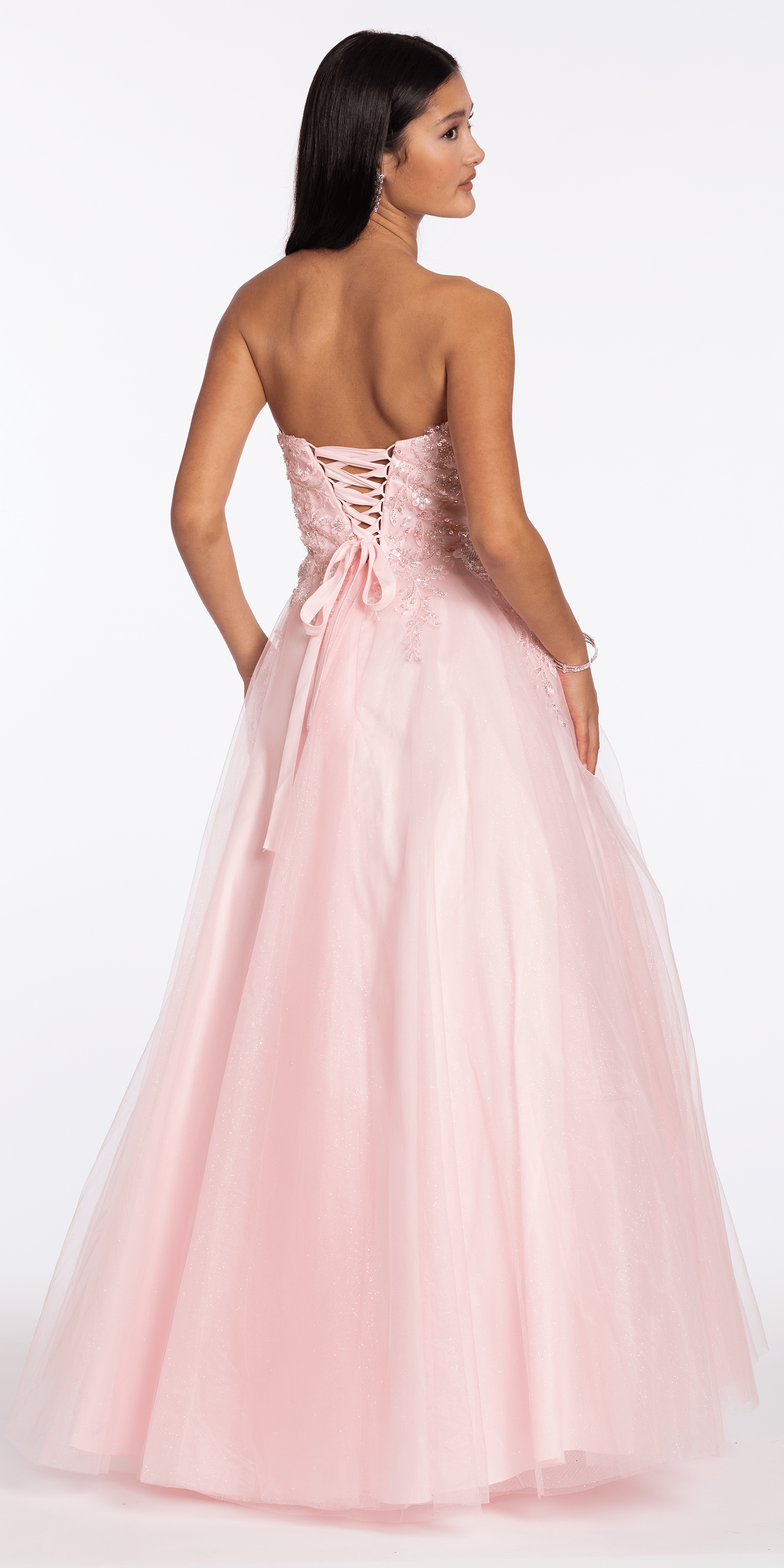 Strapless Glitter Tulle Ballgown with 3D Detail