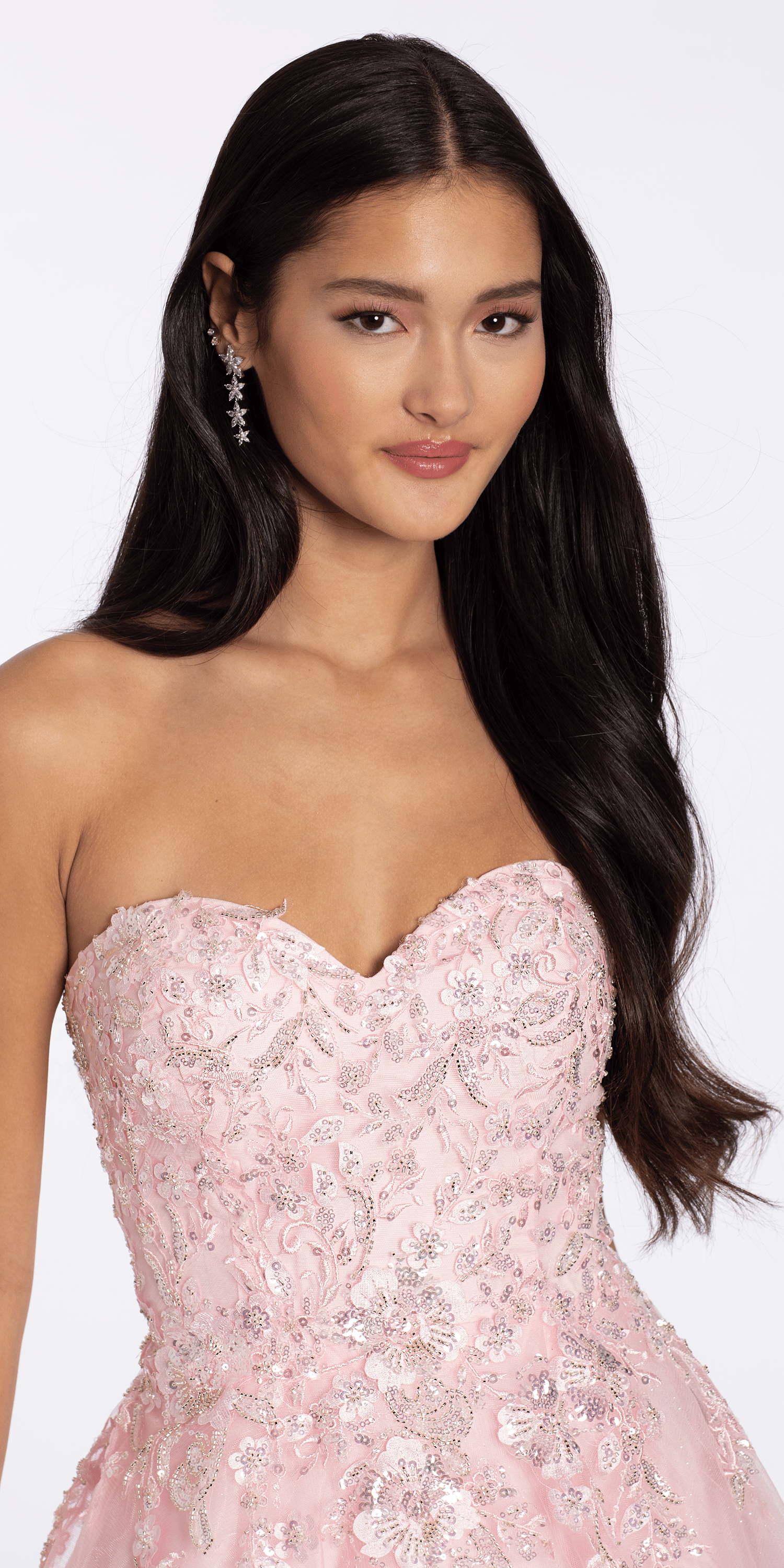 Strapless Glitter Tulle Ballgown with 3D Detail