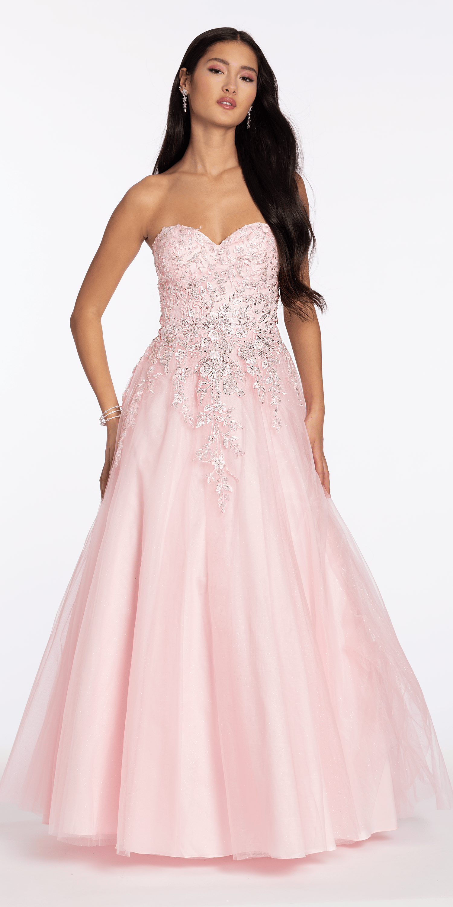 Strapless Glitter Tulle Ballgown with 3D Detail