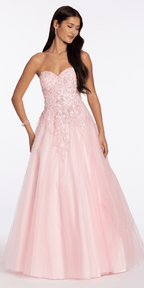 Strapless Glitter Tulle Ballgown with 3D Detail