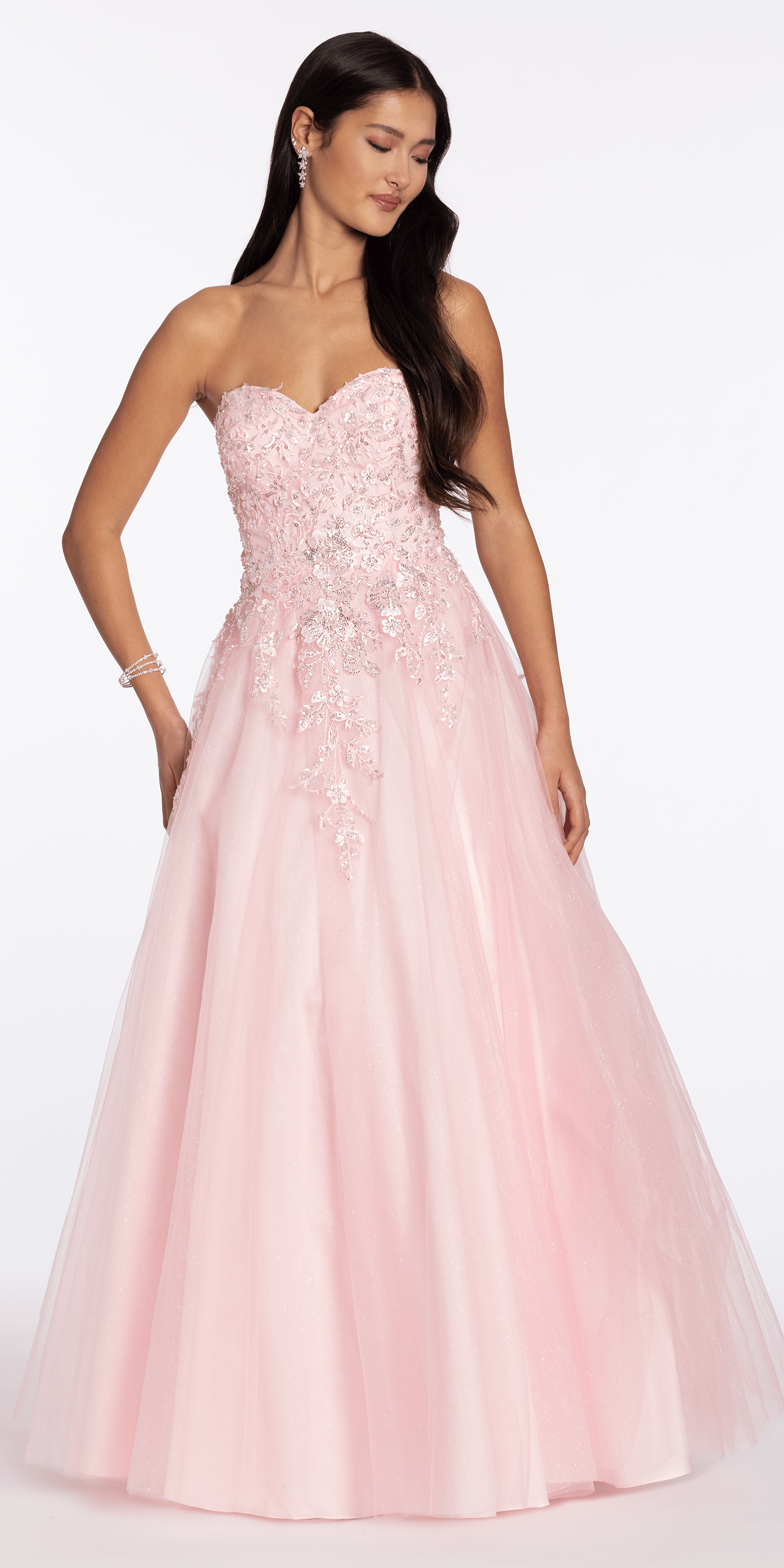 Strapless Glitter Tulle Ballgown with 3D Detail