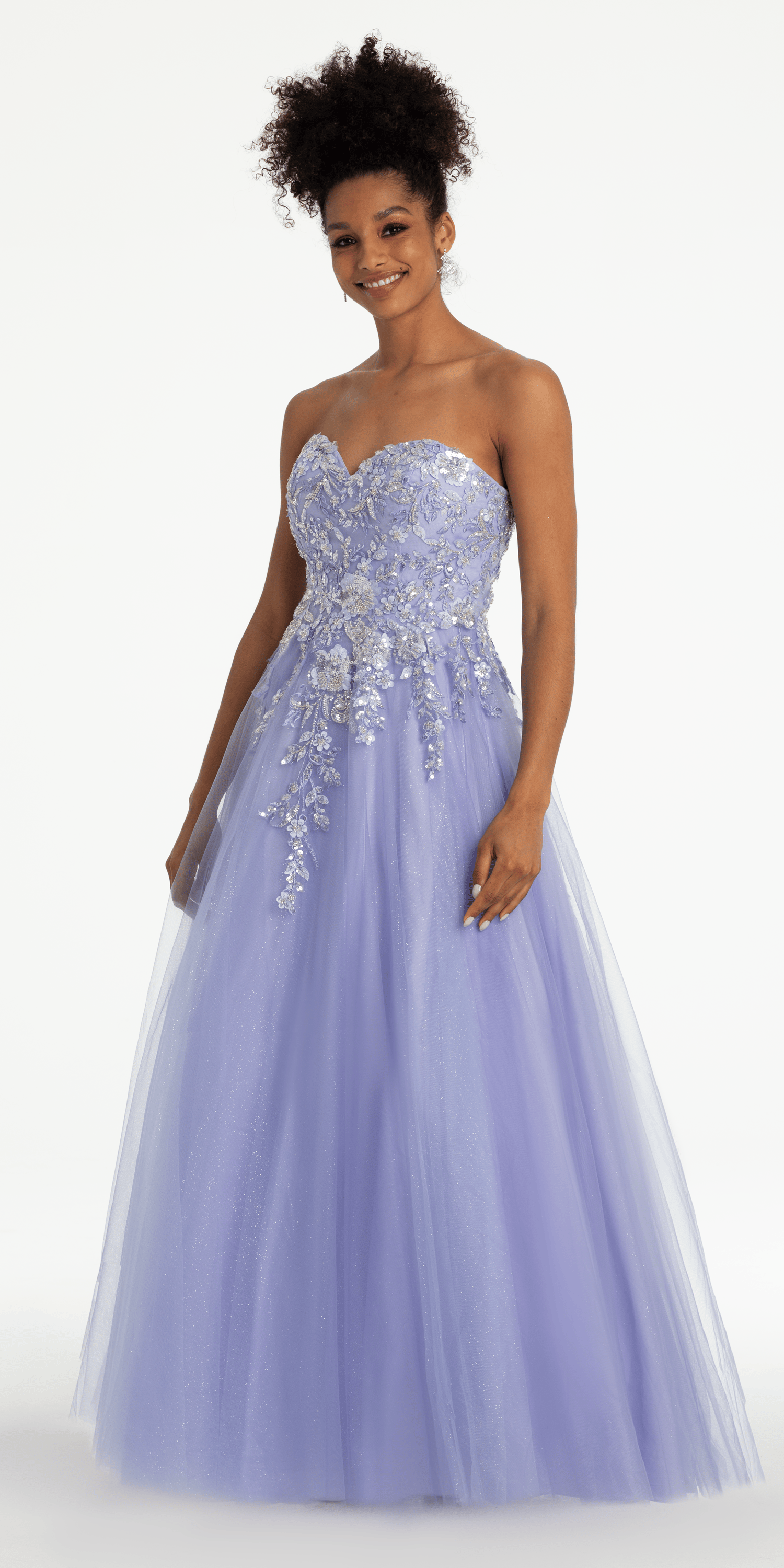 Strapless Sweetheart Glitter Mesh Ballgown with 3D Appliques