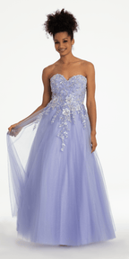 Strapless Sweetheart Glitter Mesh Ballgown with 3D Appliques