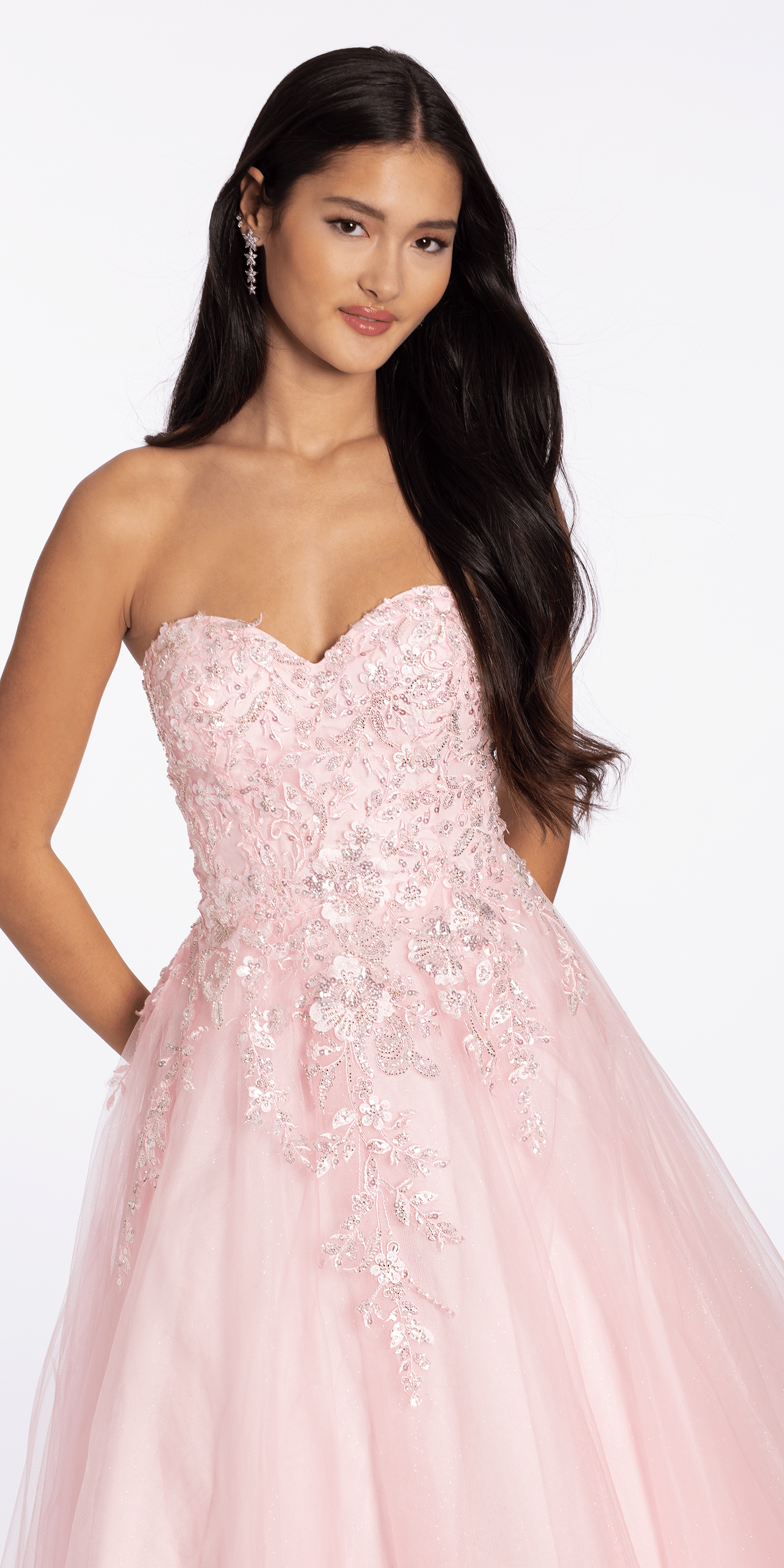 Strapless Glitter Tulle Ballgown with 3D Detail