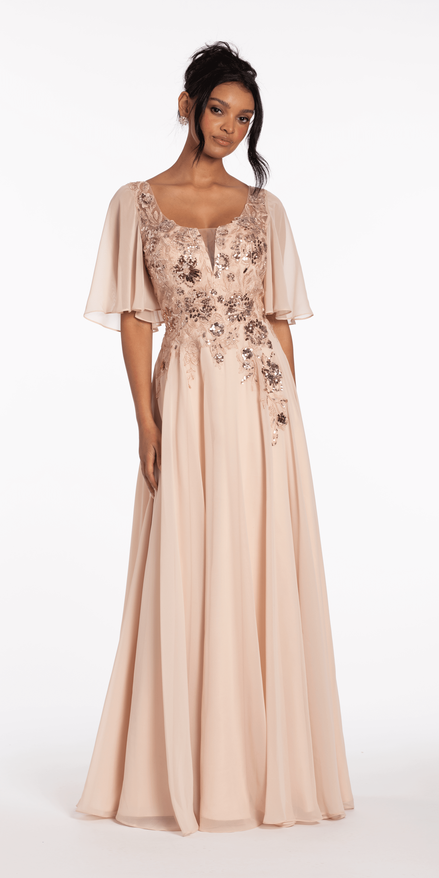 Scoop Neck Chiffon Flutter Sleeve Embroidered A-line Dress