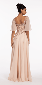 Scoop Neck Chiffon Flutter Sleeve Embroidered A-line Dress