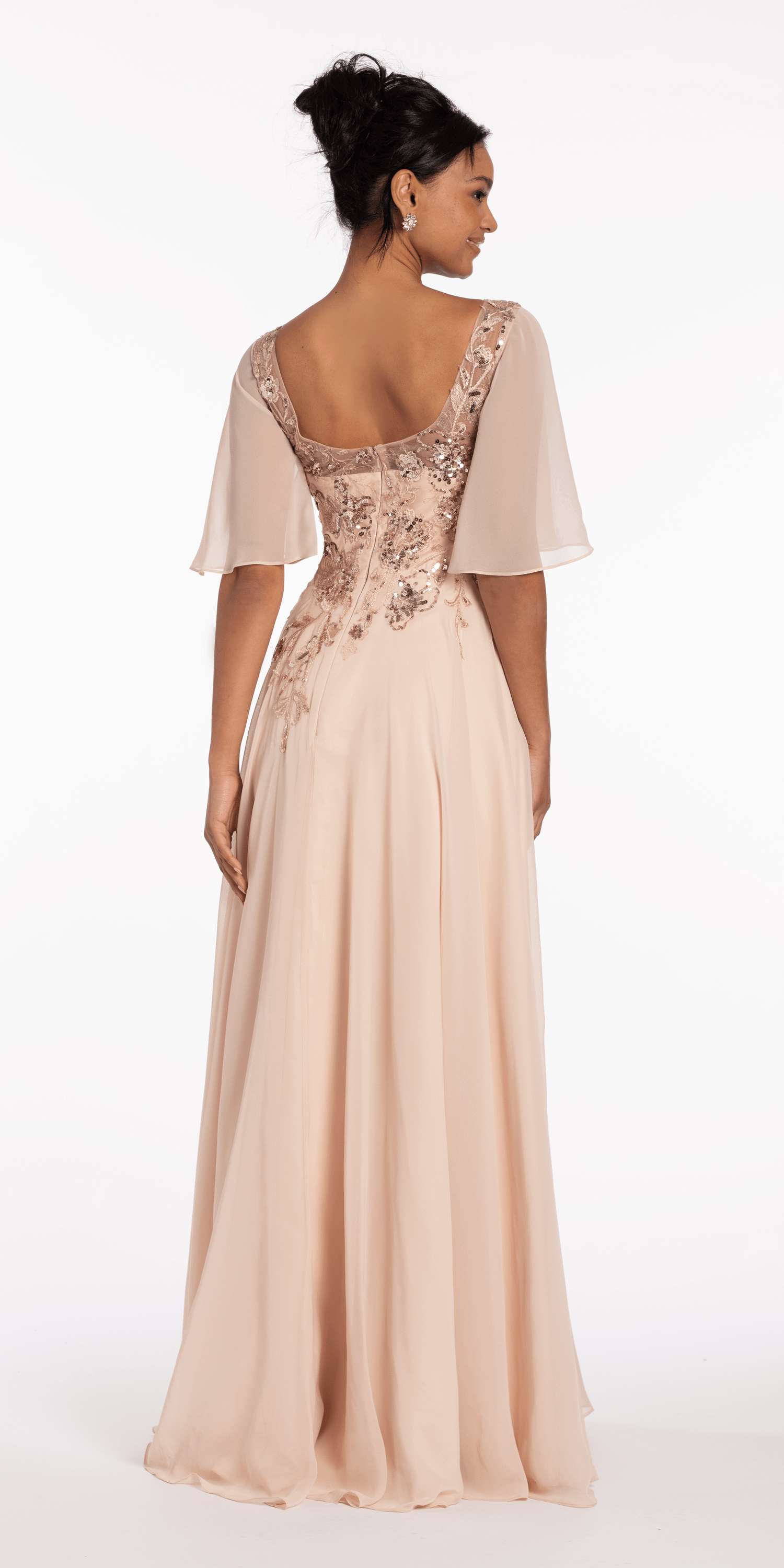 Scoop Neck Chiffon Flutter Sleeve Embroidered A-line Dress