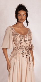 Scoop Neck Chiffon Flutter Sleeve Embroidered A-line Dress