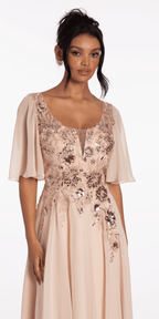 Scoop Neck Chiffon Flutter Sleeve Embroidered A-line Dress