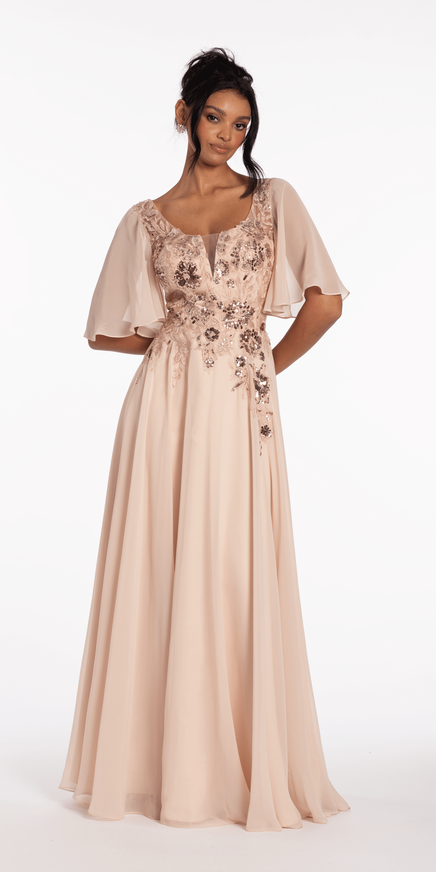 Scoop Neck Chiffon Flutter Sleeve Embroidered A-line Dress