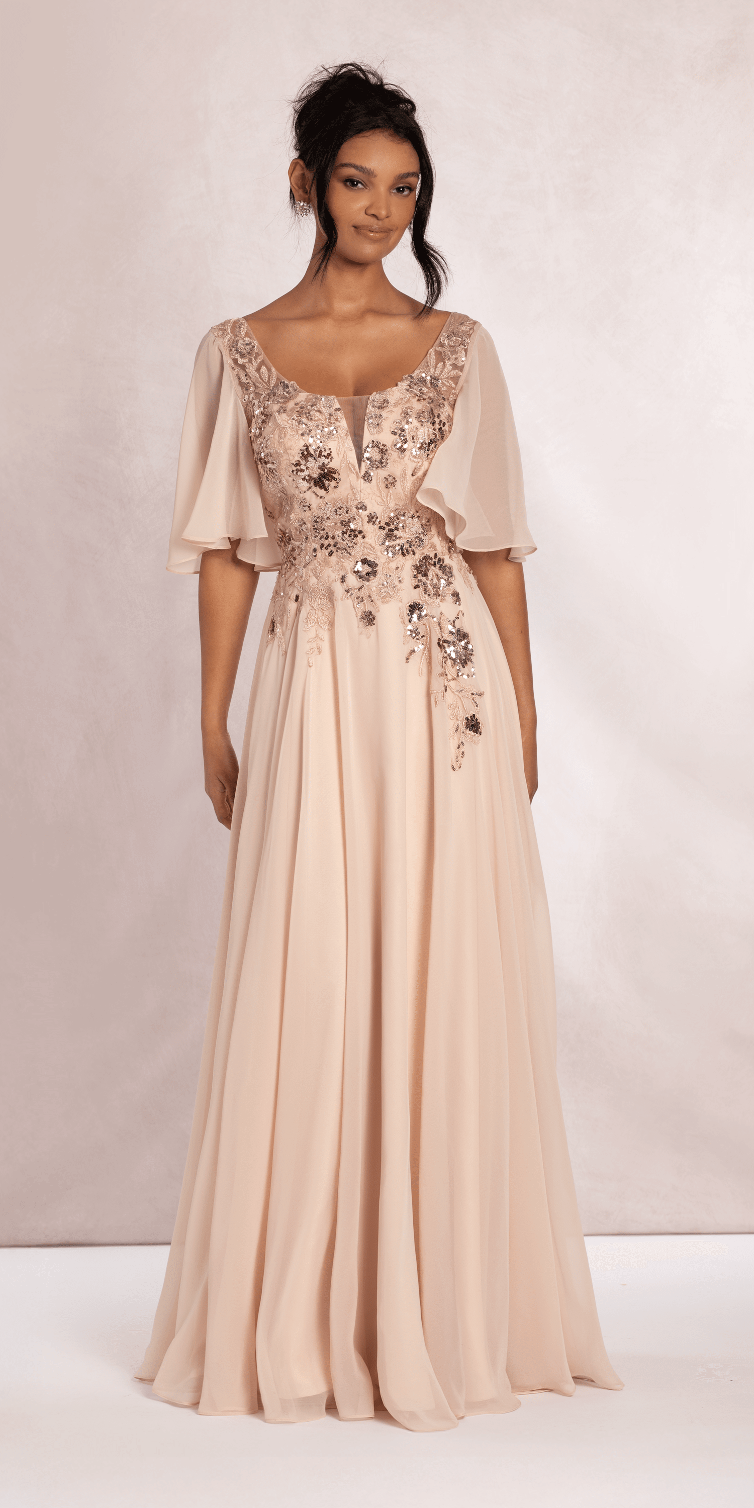 Scoop Neck Chiffon Flutter Sleeve Embroidered A-line Dress