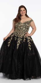 Embroidered Off the Shoulder Glitter Tulle Ballgown
