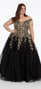 Embroidered Off the Shoulder Glitter Tulle Ballgown