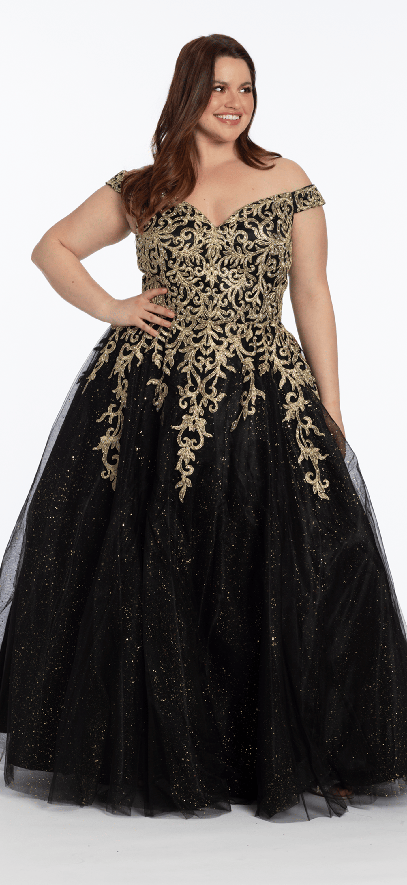 Embroidered Off the Shoulder Glitter Tulle Ballgown