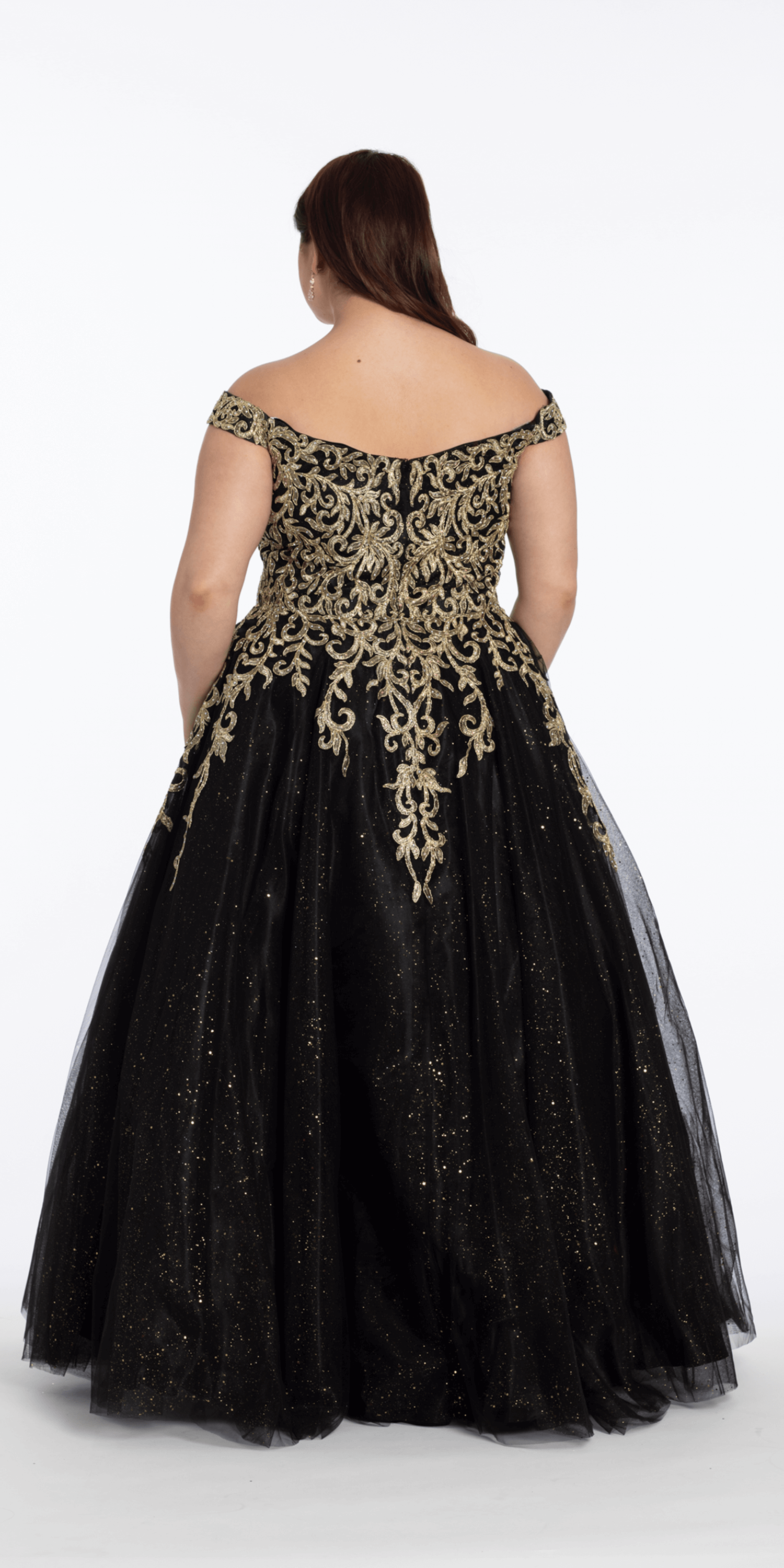 Embroidered Off the Shoulder Glitter Tulle Ballgown
