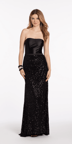 Strapless Stretch Satin Sequin Column Dress