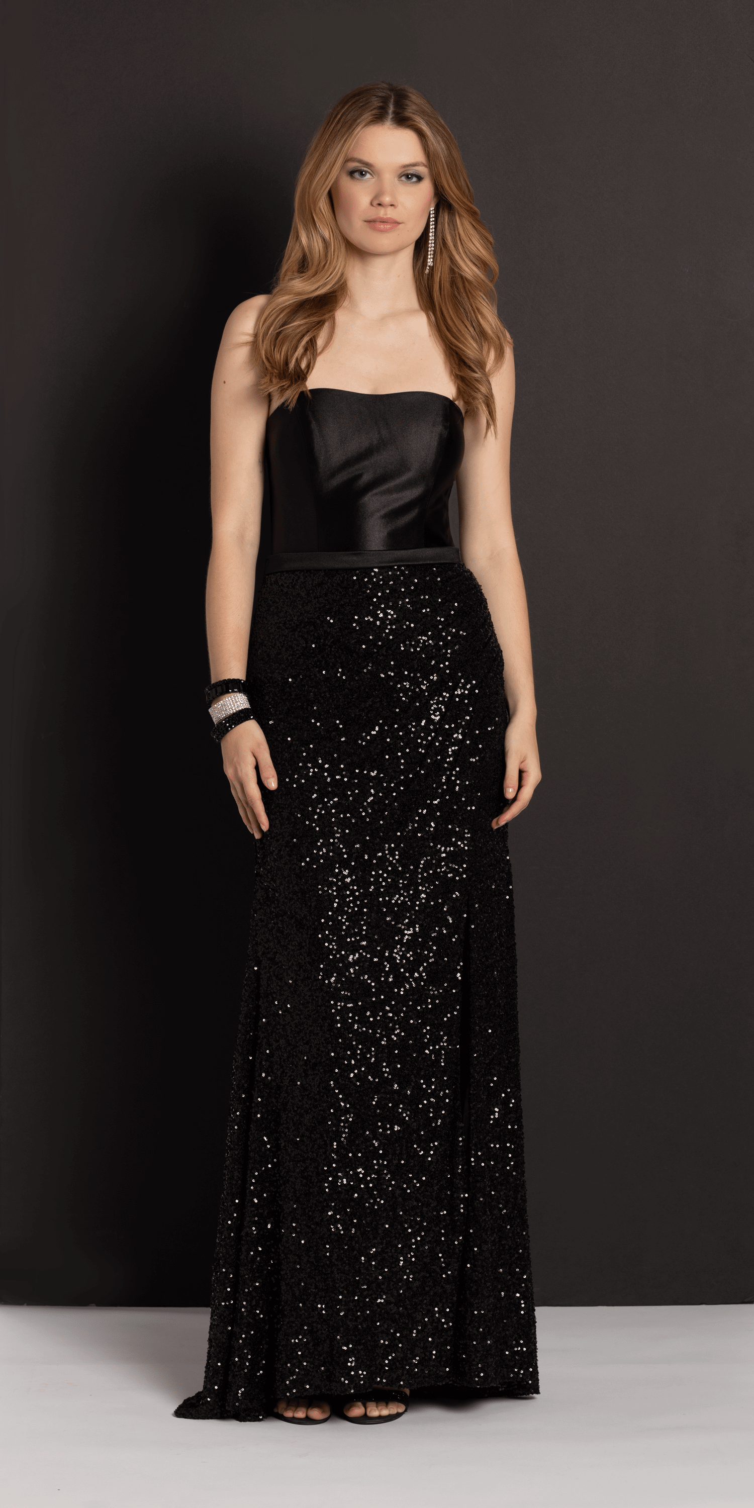 Strapless Stretch Satin Sequin Column Dress
