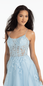 Scoop Neck Embroidered Glitter Tulle Corset Ballgown