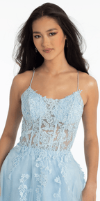 Scoop Neck Embroidered Glitter Tulle Corset Ballgown