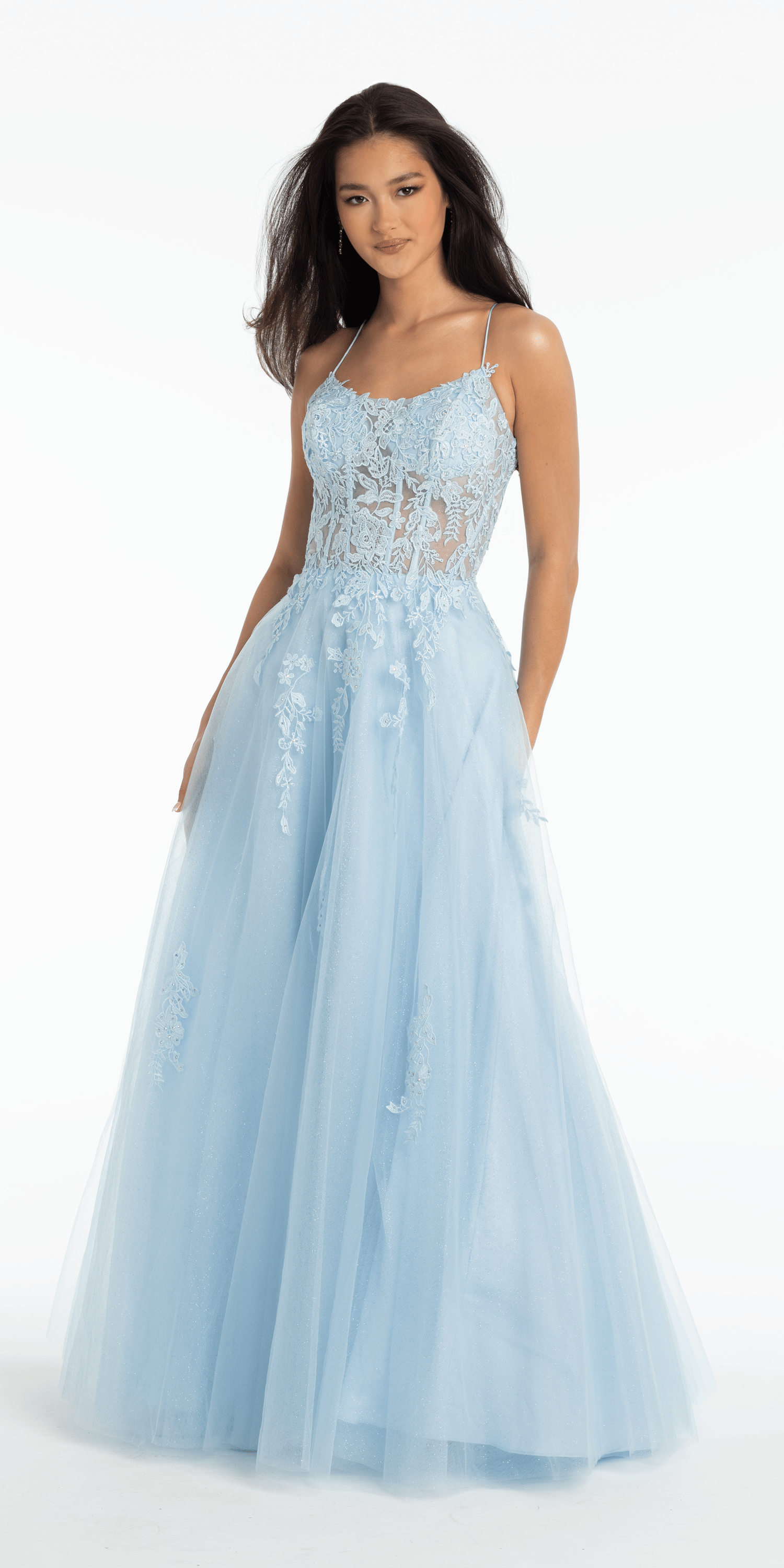 Scoop Neck Embroidered Glitter Tulle Corset Ballgown