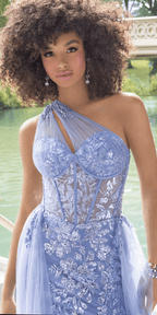 One Shoulder Floral Glitter Column Dress with Hostess Skirt