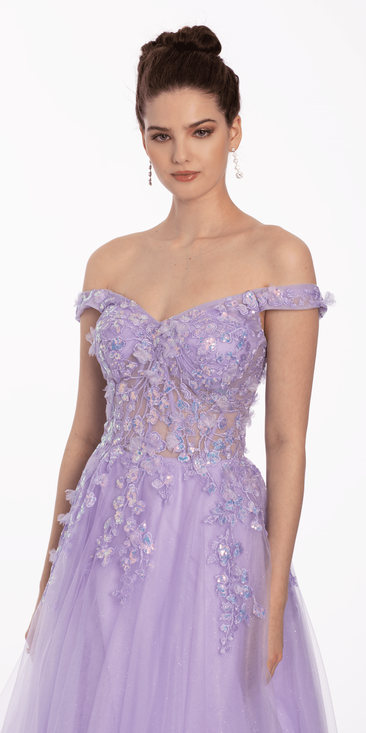3 D Floral Embroidered Off the Shoulder Ballgown