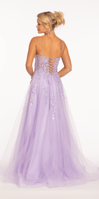 Sweetheart Plunging Mesh Corset Ballgown with Embellished Appliques