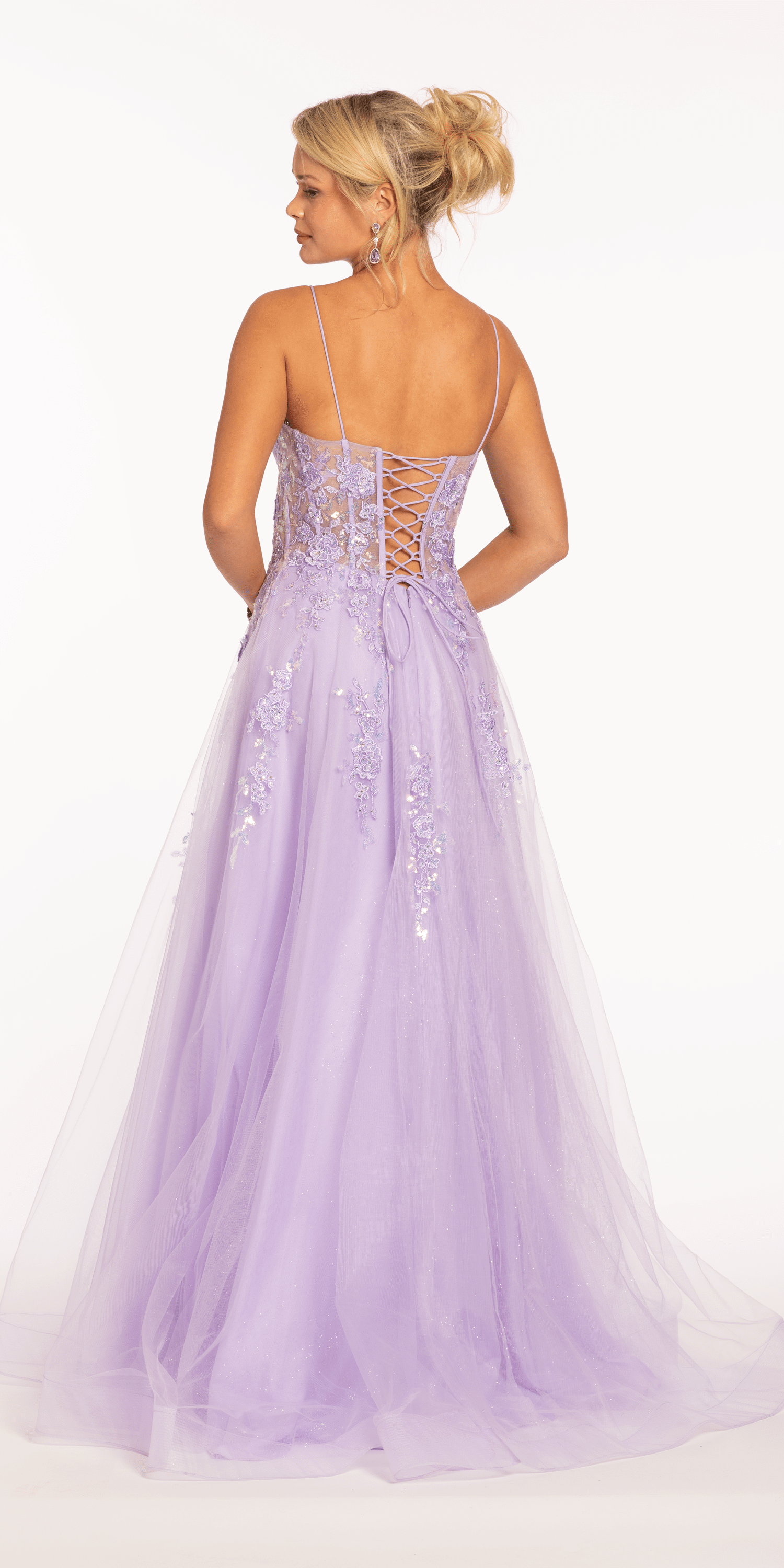 Sweetheart Plunging Mesh Corset Ballgown with Embellished Appliques