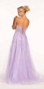 Sweetheart Plunging Mesh Corset Ballgown with Embellished Appliques