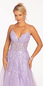 Sweetheart Plunging Mesh Corset Ballgown with Embellished Appliques