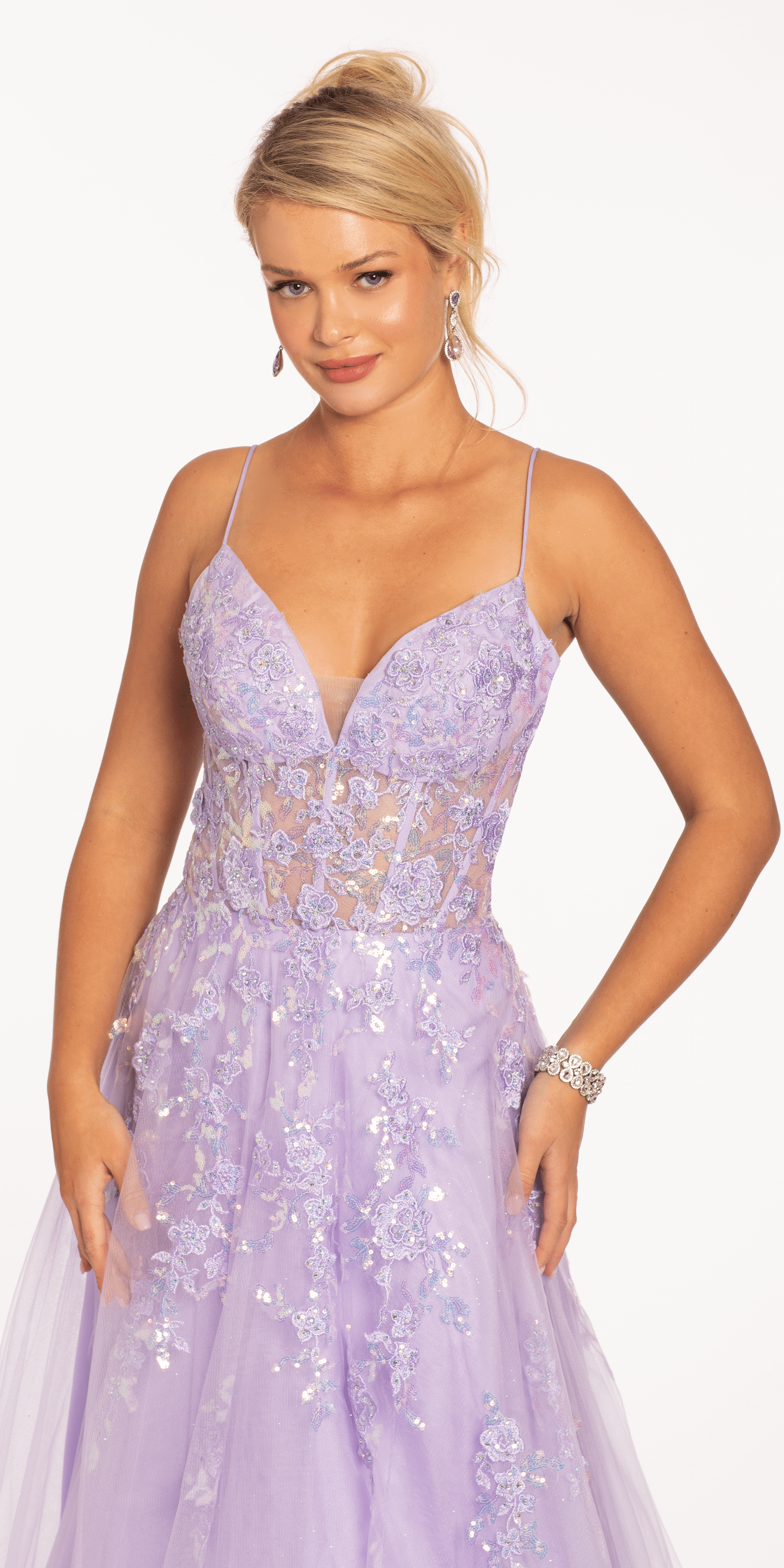 Sweetheart Plunging Mesh Corset Ballgown with Embellished Appliques