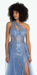 One Shoulder Floral Glitter Column Dress with Hostess Skirt