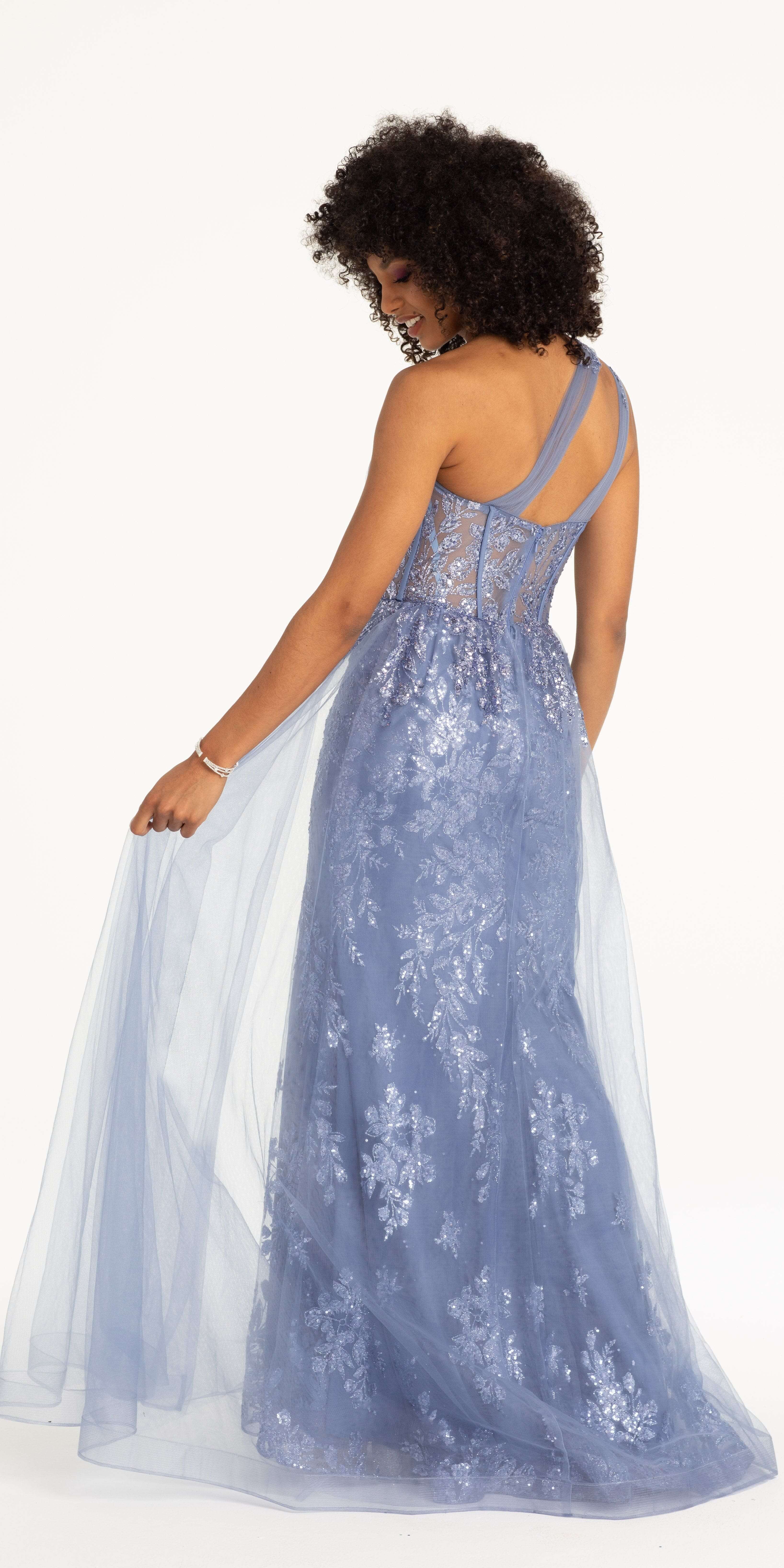 One Shoulder Floral Glitter Column Dress with Hostess Skirt