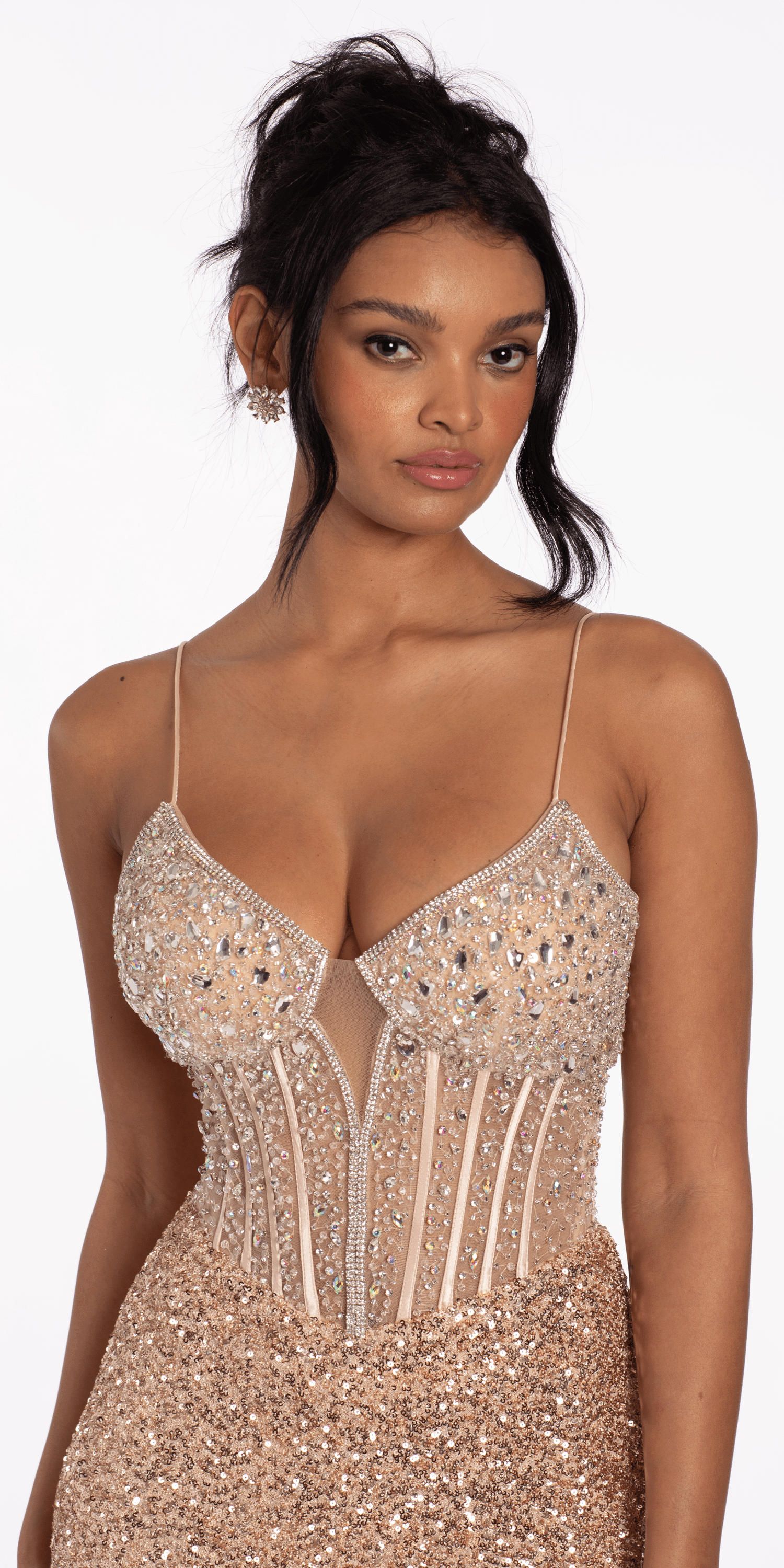 Stretch Sequin and Crystal Sweetheart Corset Column Dress