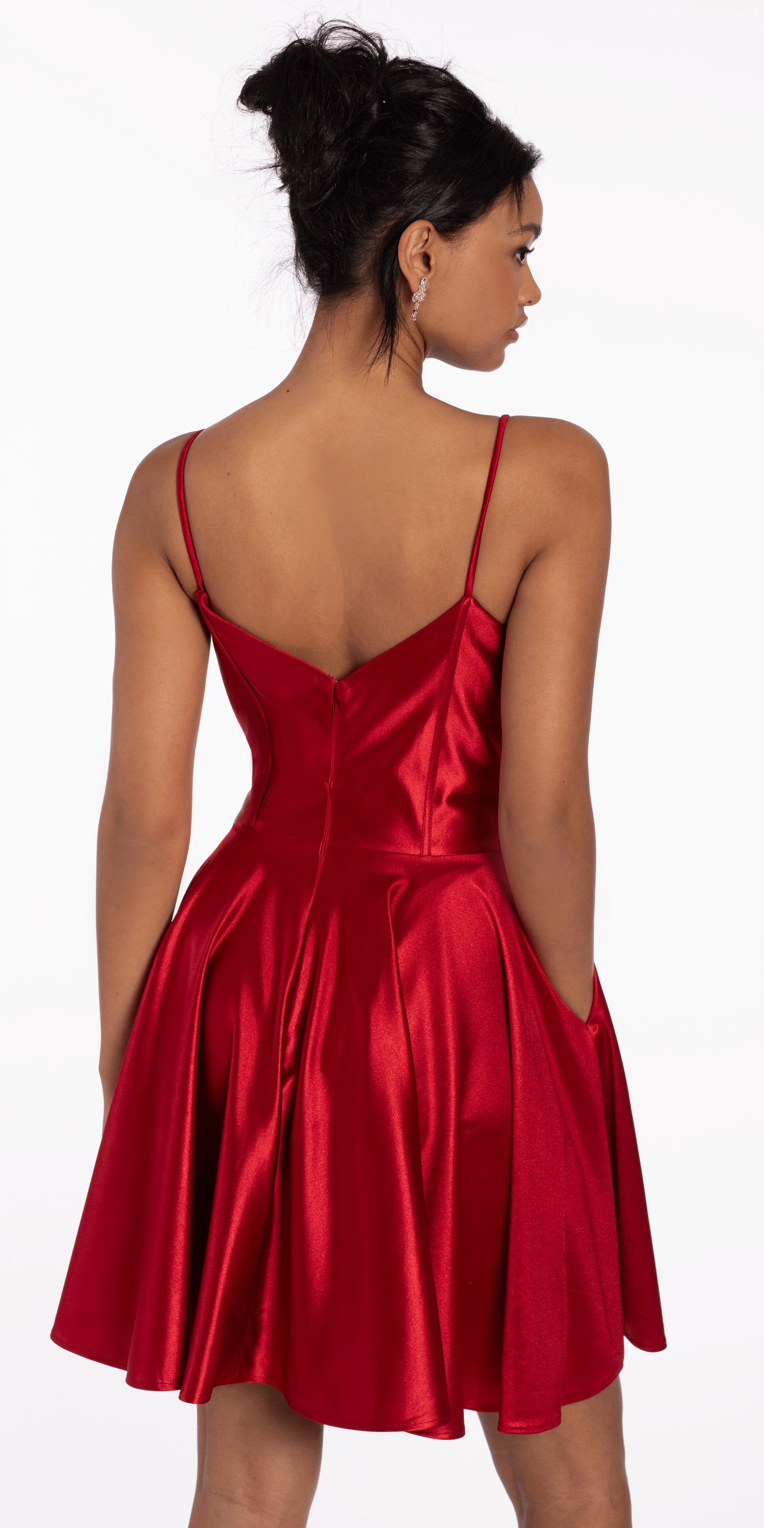 Pleated Shimmer Satin Corset Skater Dress with Pockets