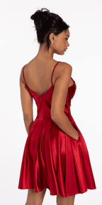Pleated Shimmer Satin Corset Skater Dress with Pockets