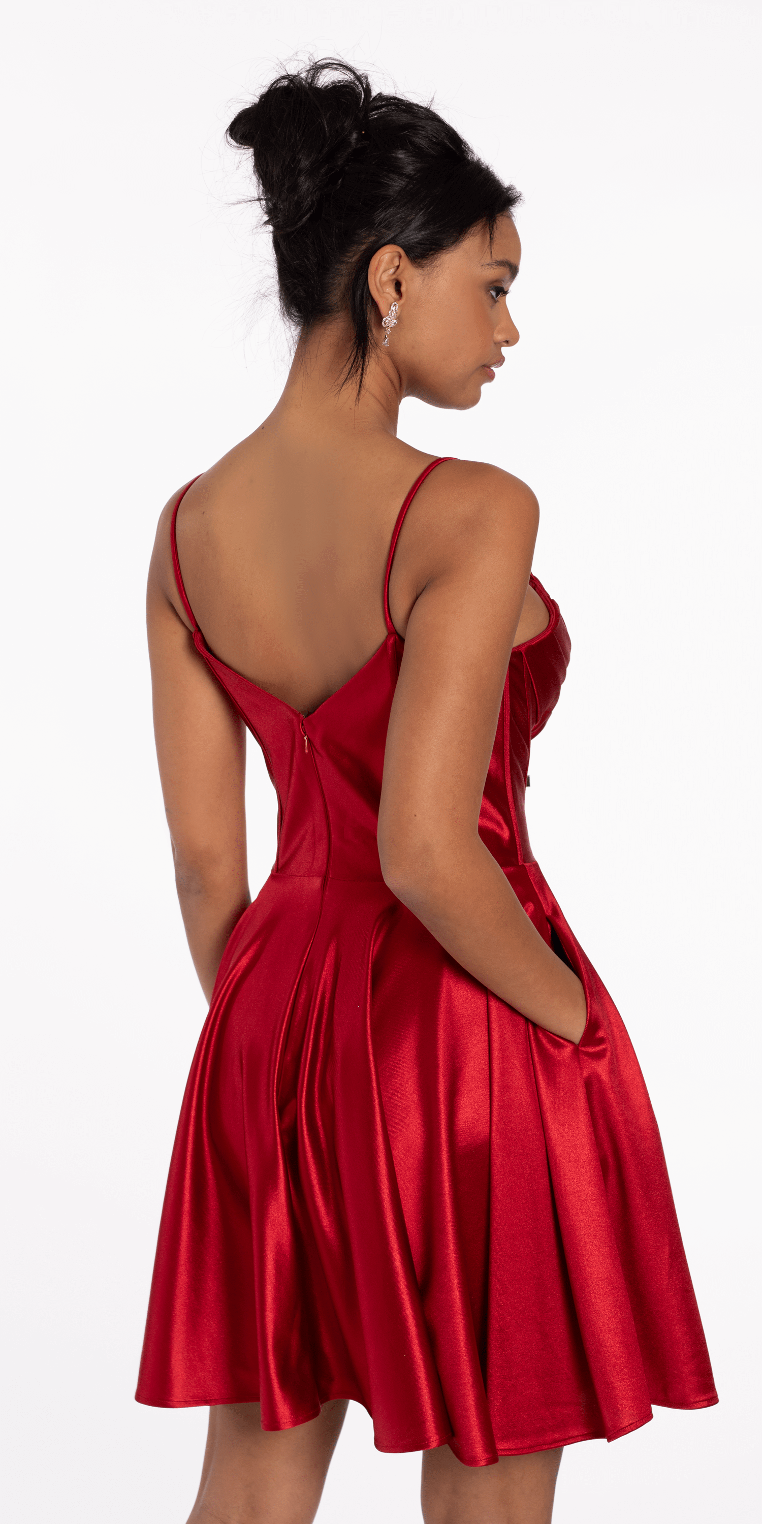 Pleated Shimmer Satin Corset Skater Dress with Pockets