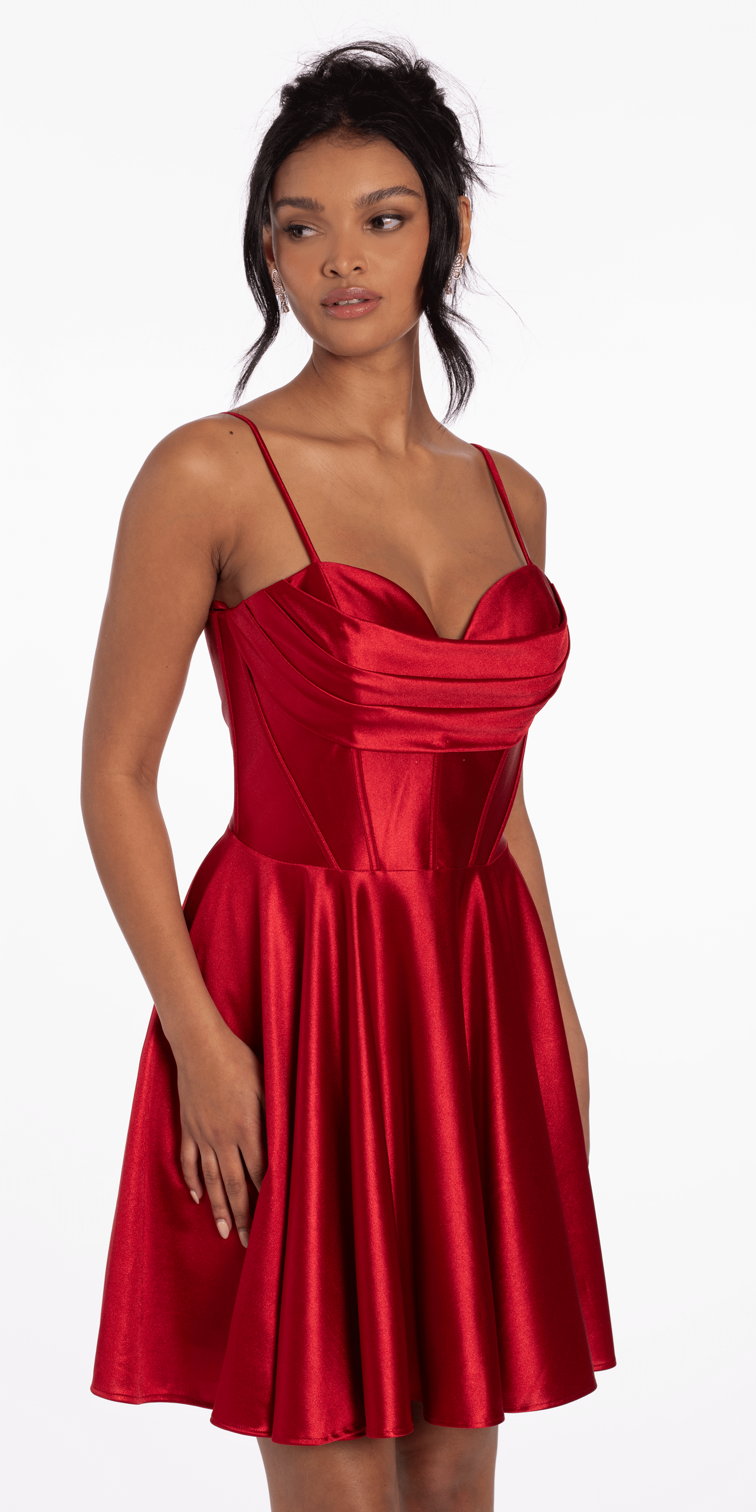 Pleated Shimmer Satin Corset Skater Dress with Pockets