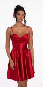 Pleated Shimmer Satin Corset Skater Dress with Pockets